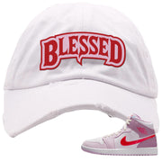 Valentine's Day Mid 1s Distressed Dad Hat | Blessed Arch, White