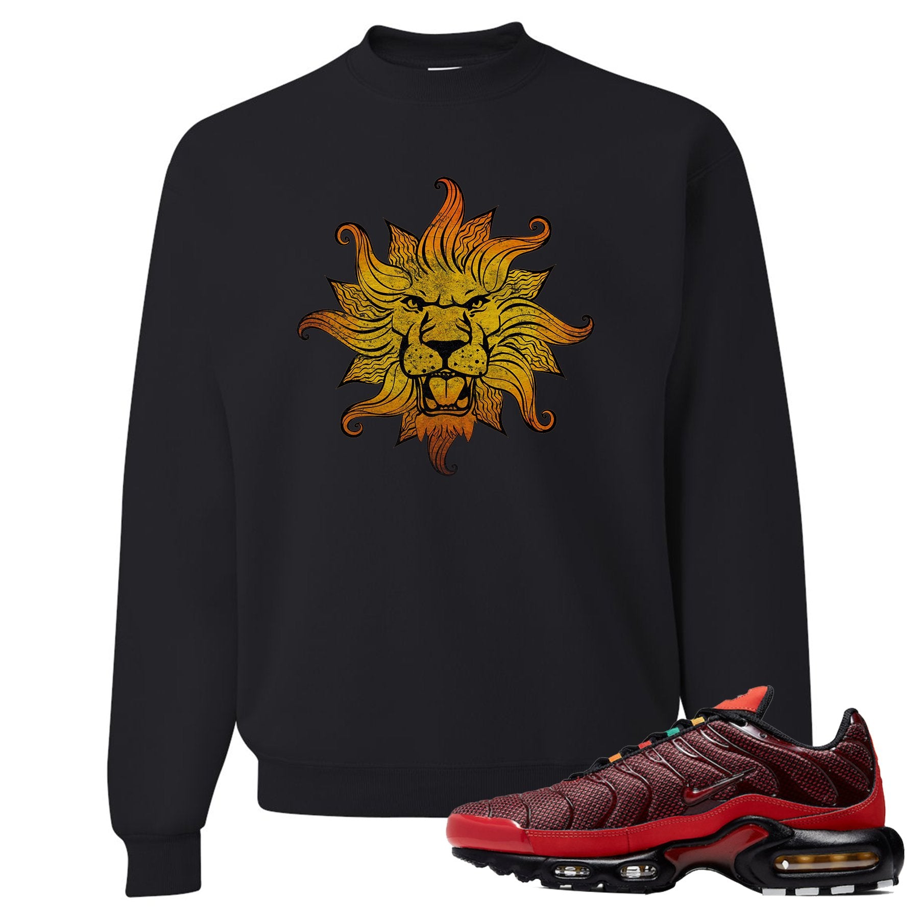 printed on the front of the air max plus sunburst sneaker matching black crewneck sweatshirt is the vintage lion head logo