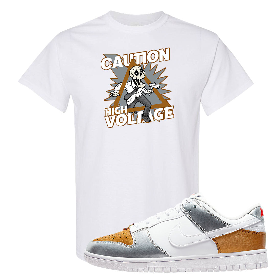 Gold Silver Red Low Dunks T Shirt | Caution High Voltage, White