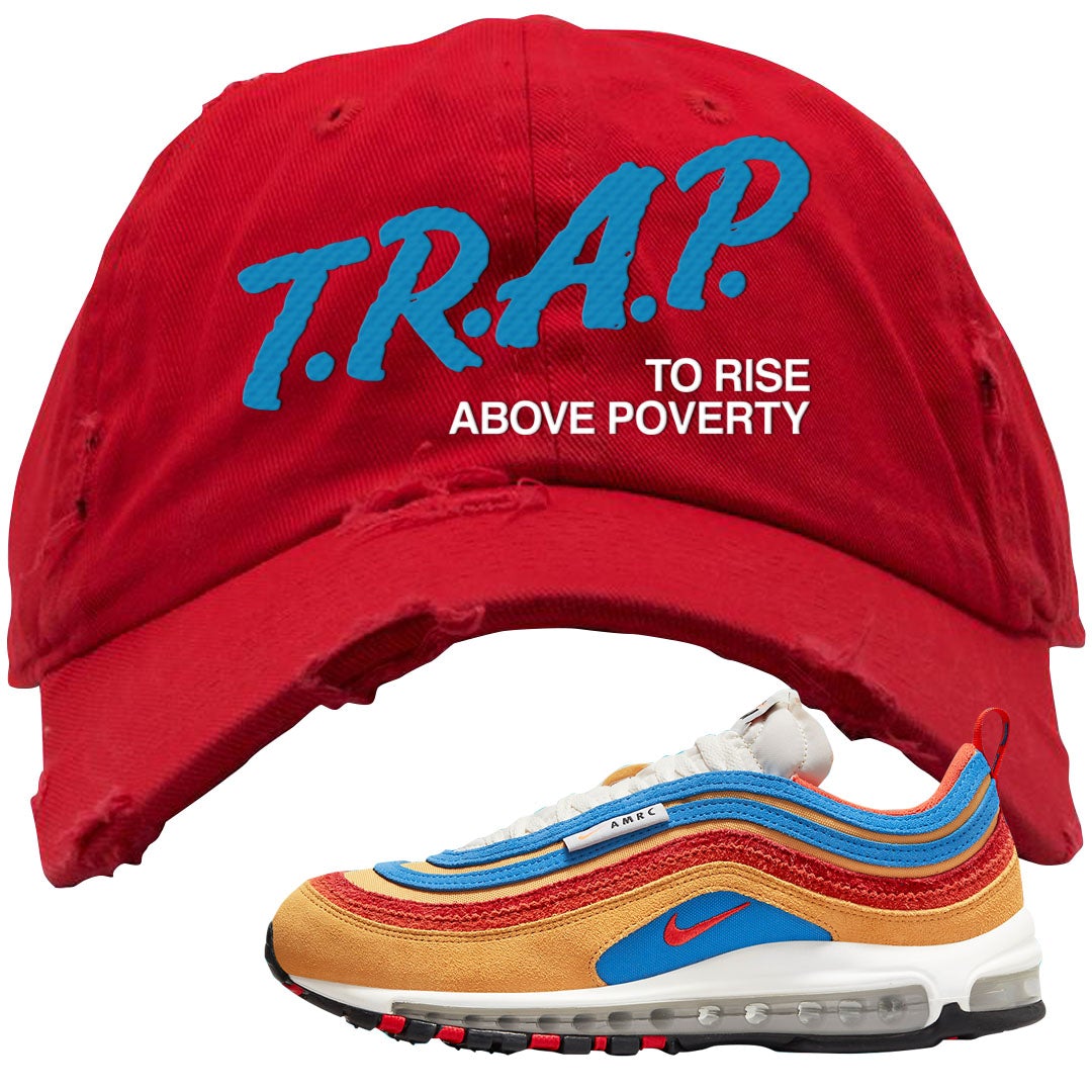 Tan AMRC 97s Distressed Dad Hat | Trap To Rise Above Poverty, Red