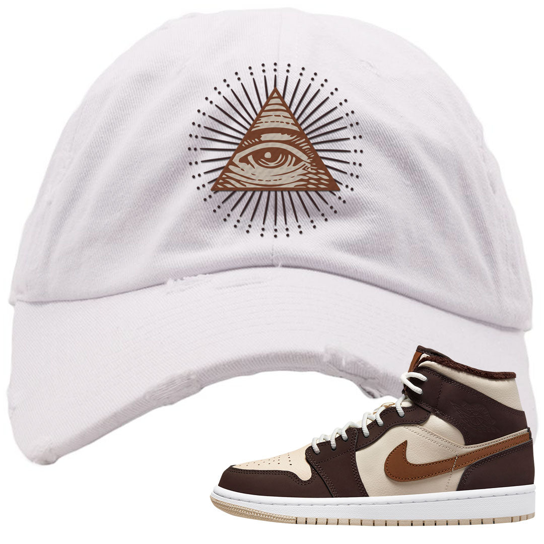 Brown Fleece Mid 1s Distressed Dad Hat | All Seeing Eye, White