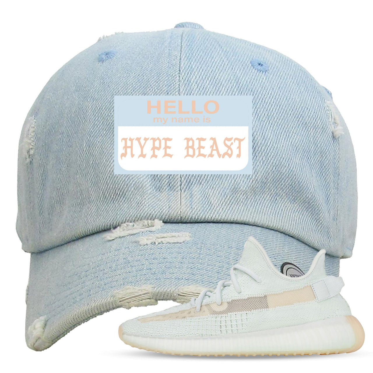 Hyperspace 350s Distressed Dad Hat | Hello My Name Is Hype Beast Pablo, Light Denim