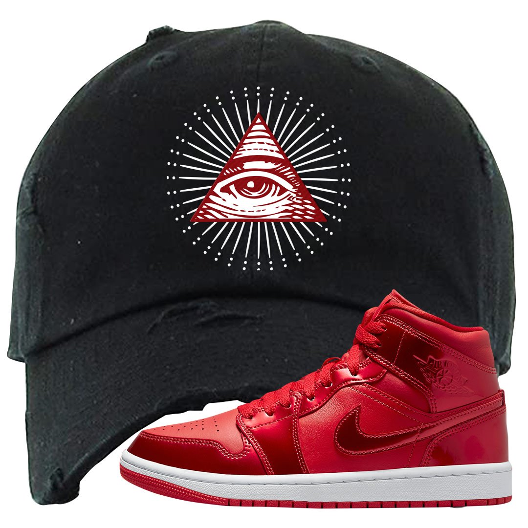 University Red Pomegranate Mid 1s Distressed Dad Hat | All Seeing Eye, Black