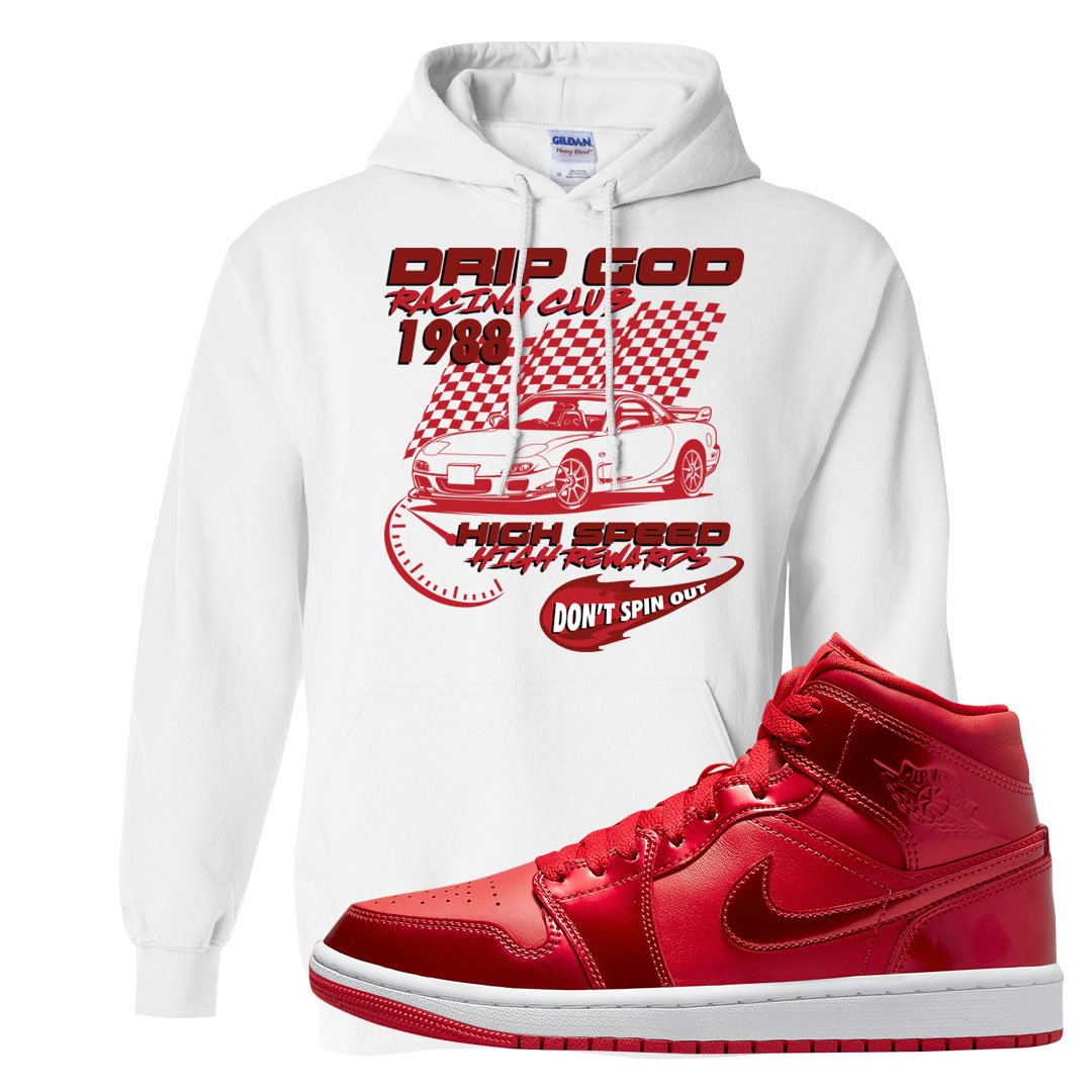 University Red Pomegranate Mid 1s Hoodie | Drip God Racing Club, White