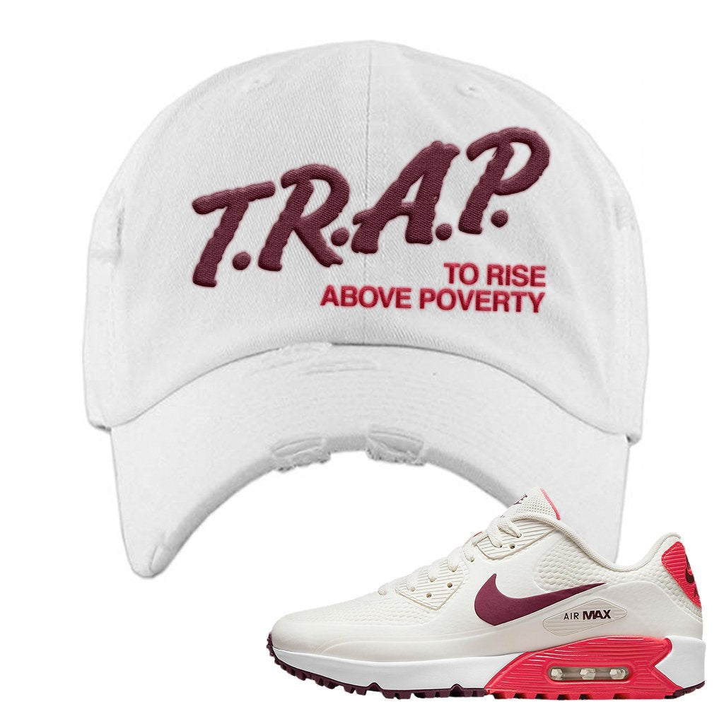 Fusion Red Dark Beetroot Golf 90s Distressed Dad Hat | Trap To Rise Above Poverty, White