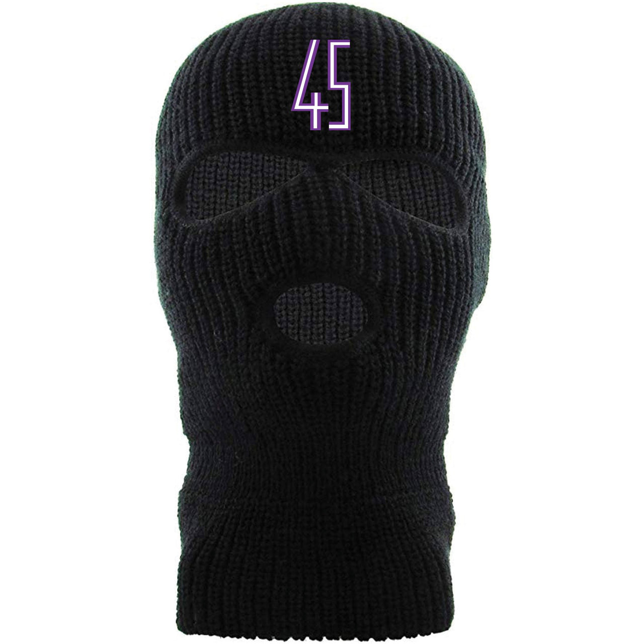 Embroidered on the forehead of the Jordan 11 Concord 45s sneaker matching black ski mask is the 45 logo in white and purple