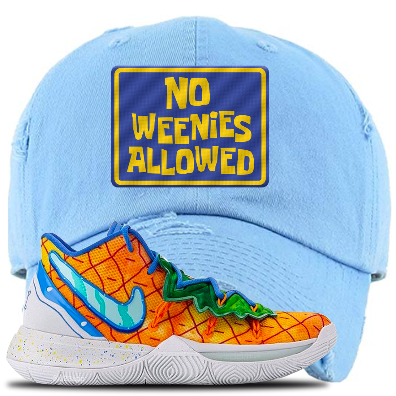 Kyrie 5 Pineapple House No Weenies Allowed Sky Blue Sneaker Hook Up Distressed Dad Hat