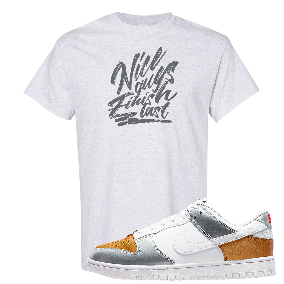 Gold Silver Red Low Dunks T Shirt | Nice Guys Finish Last, Ash