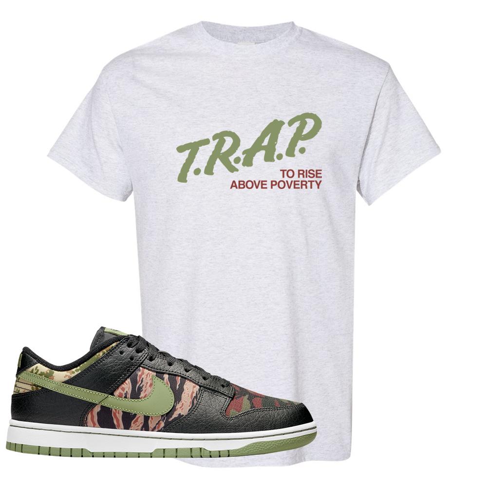 Multi Camo Low Dunks T Shirt | Trap To Rise Above Poverty, Ash