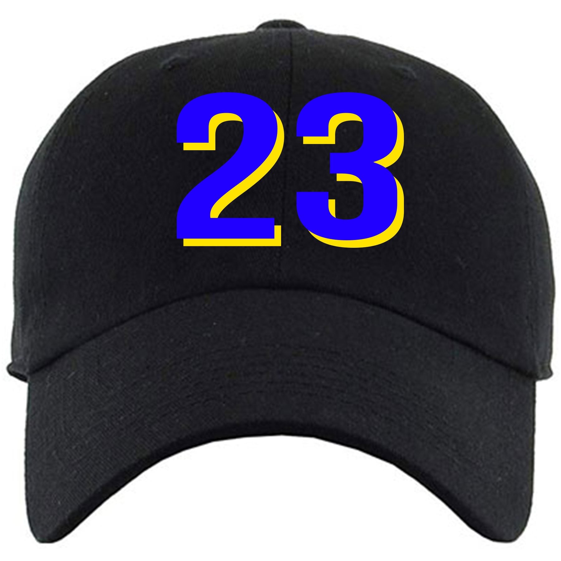 Embroidered on the front of the Jordan 5 Laney sneaker matching dad hat is the 23 logo in blue and yellow