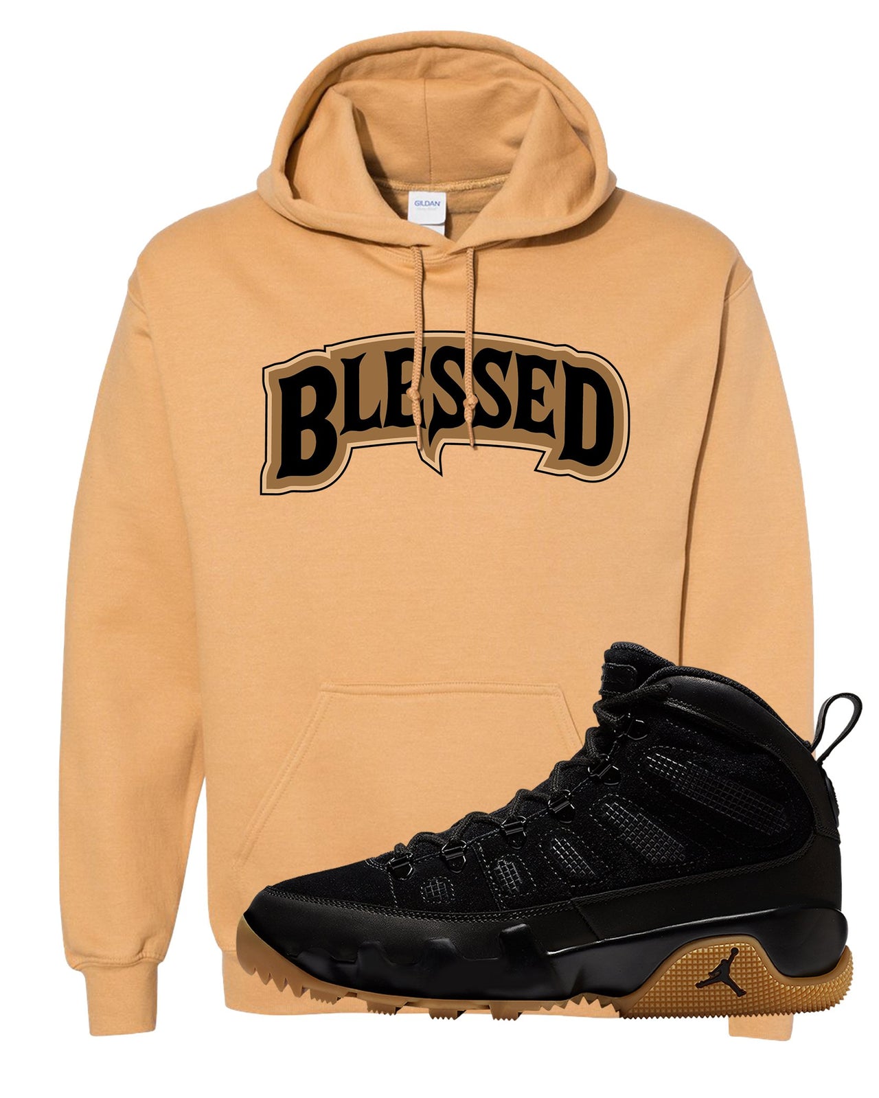 NRG Black Gum Boot 9s Hoodie | Blessed Arch, Old Gold