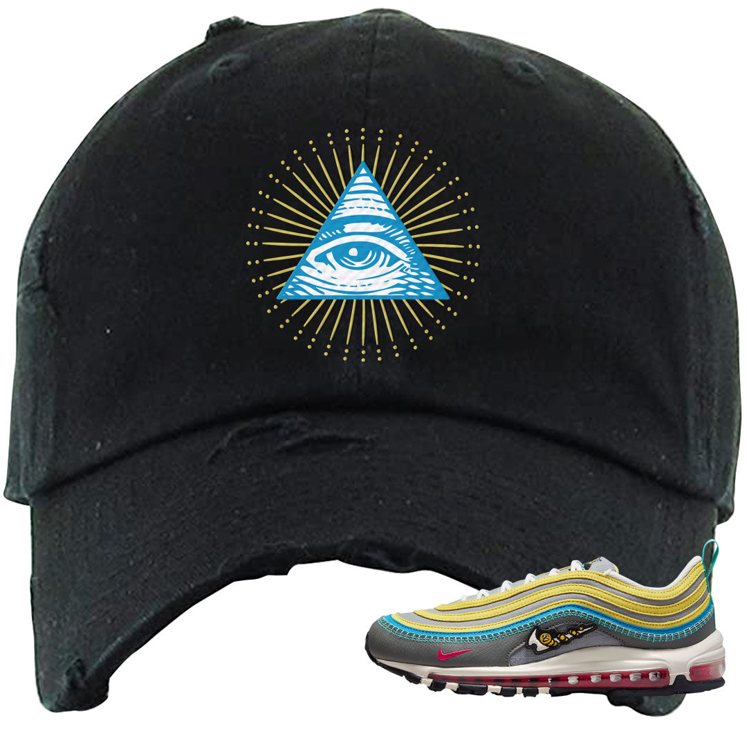 Sprung Yellow 97s Distressed Dad Hat | All Seeing Eye, Black