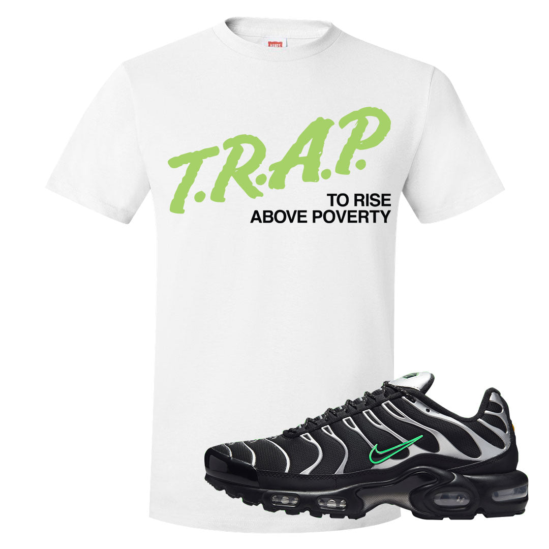 Neon Green Black Grey Pluses T Shirt | Trap To Rise Above Poverty, White