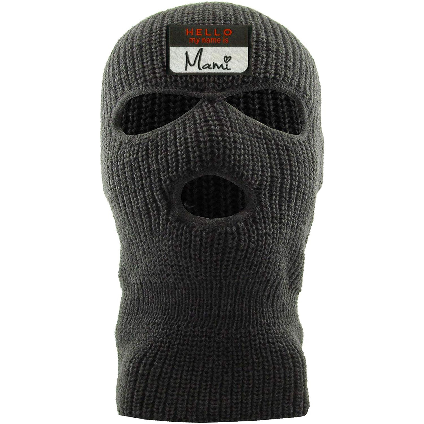 Embroidered on the front of the dark gray hello my name is mami ski mask is the hello my name is mami logo embroidered in white, black, and red