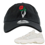 Bone White 500s Distressed Dad Hat | Skeleton Hand Rose, Black