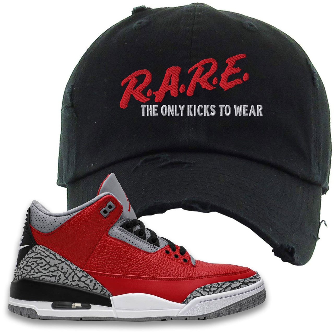 Chicago Exclusive Jordan 3 Red Cement Sneaker Black Distressed Dad Hat | Hat to match Jordan 3 All Star Red Cement Shoes | Rare