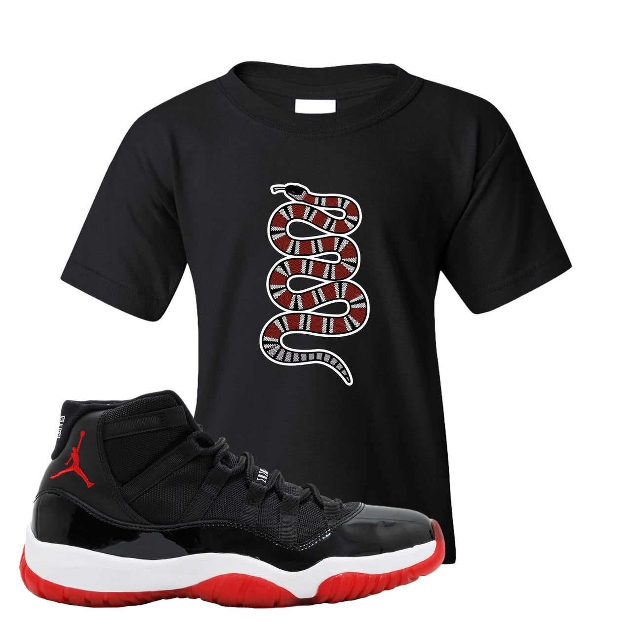 Jordan 11 Bred Coiled Snake Black Sneaker Hook Up Kid's T-Shirt