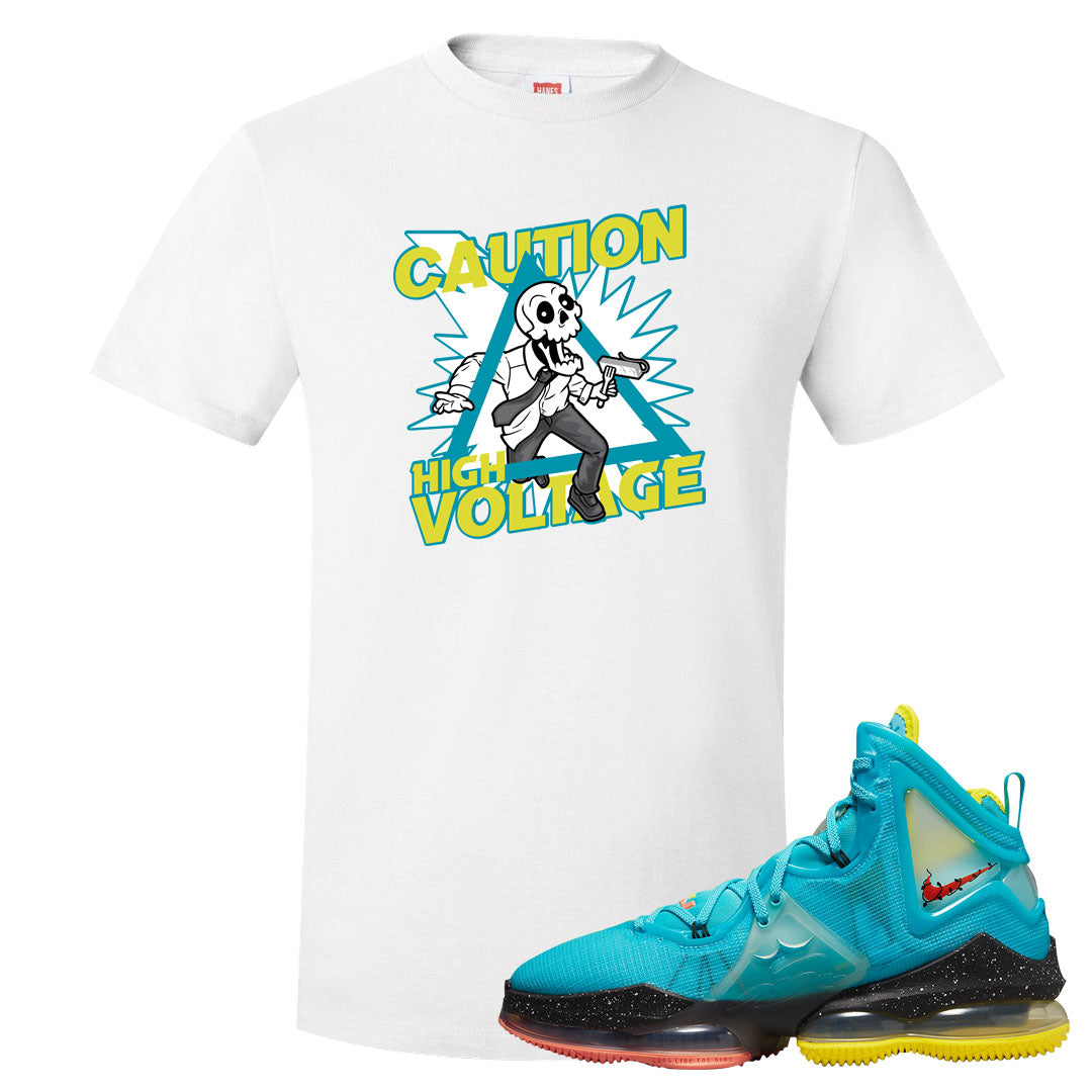 South Beach Christmas Bron 19s T Shirt | Caution High Voltage, White