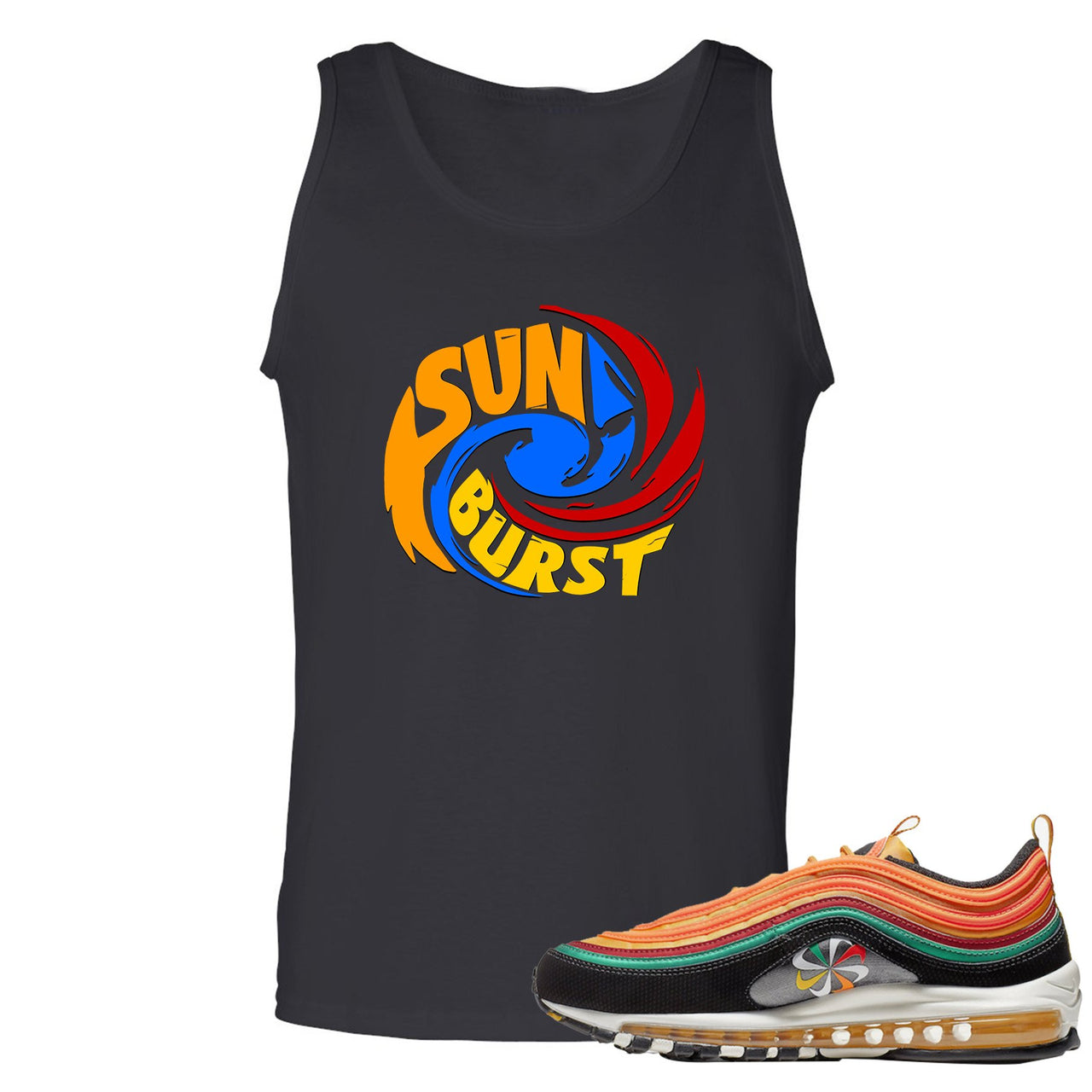 Printed on the front of the Air Max 97 Sunburst black sneaker matching tank top is the Sunburst Hurricane logo