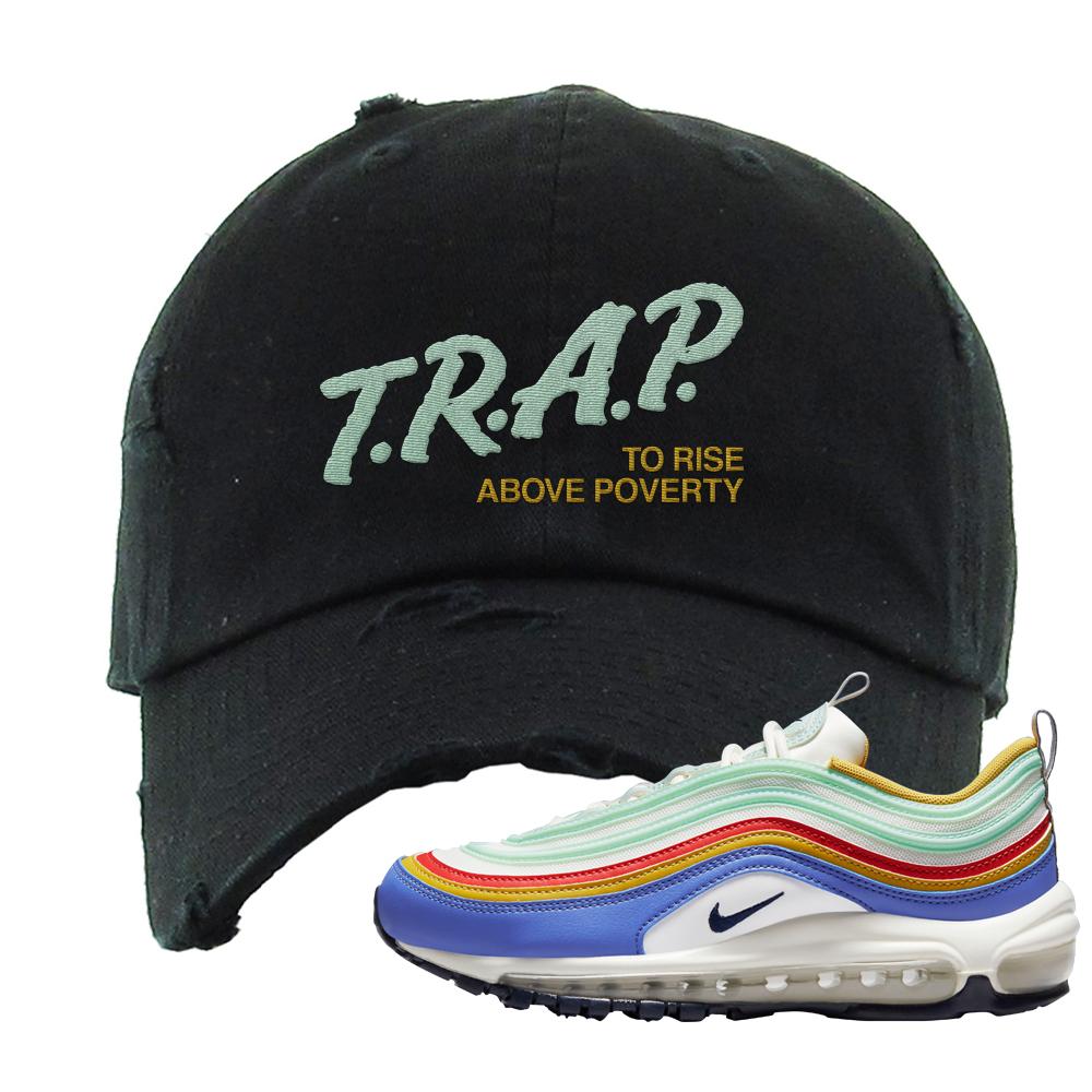 Multicolor 97s Distressed Dad Hat | Trap To Rise Above Poverty, Black