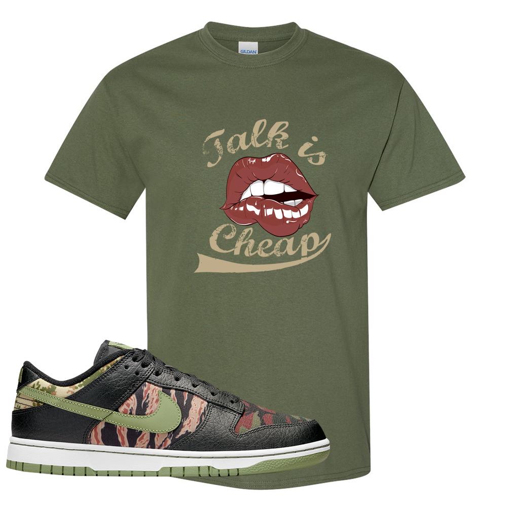 Multi Camo Low Dunks T Shirt | Talk Lips, Military Green