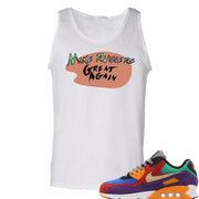 Printed on the front of the Make Runner Great Again Air Max 97 Viotech sneaker matching white tank top is the Make Runners Great Again logo