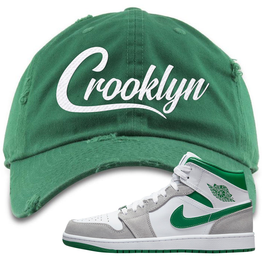 Light Smoke Pine Green Mid 1s Distressed Dad Hat | Crooklyn, Kelly Green