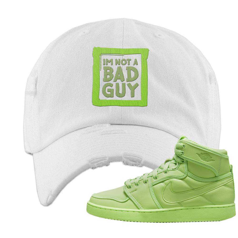 Neon Green KO 1s Distressed Dad Hat | I'm Not A Bad Guy, White