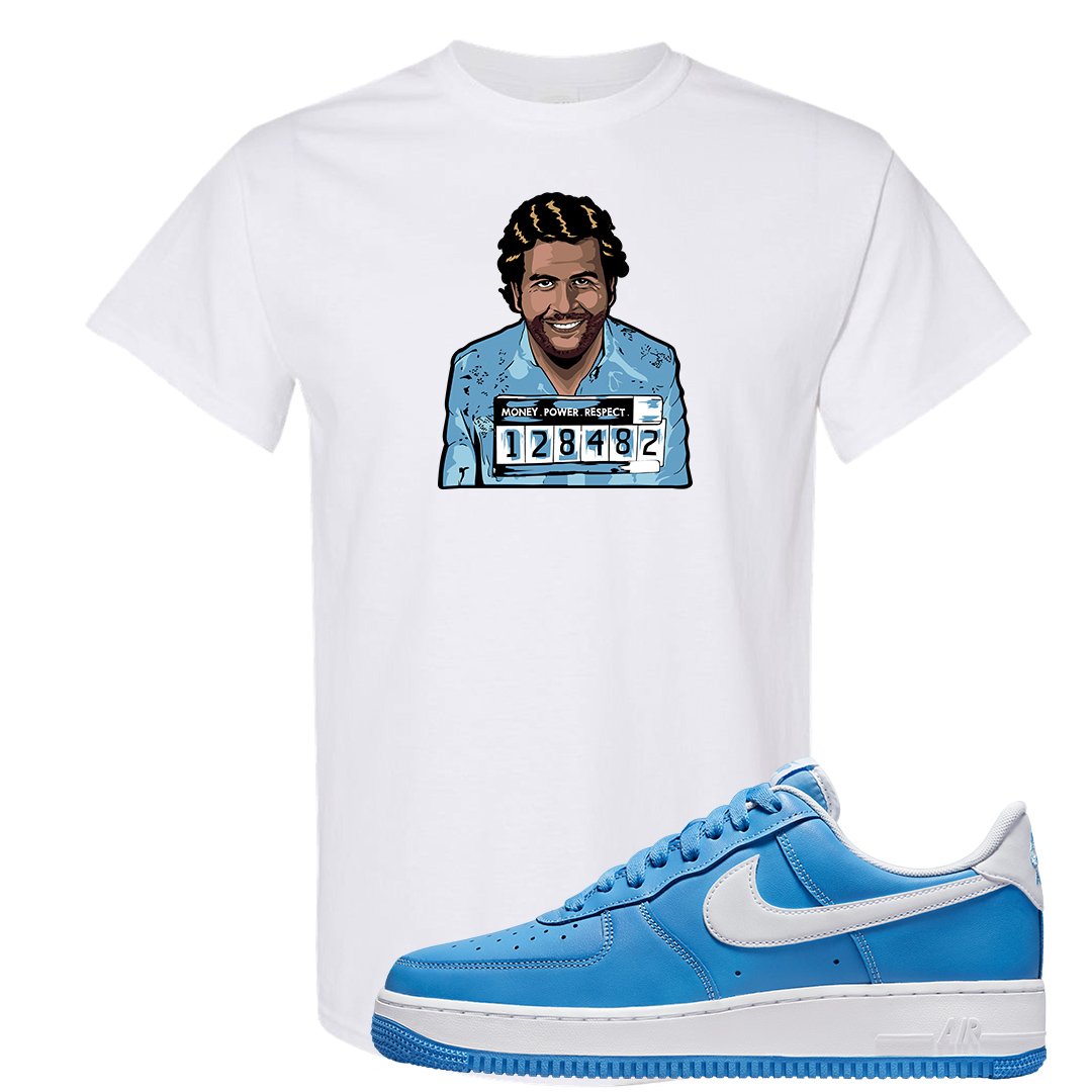University Blue Low AF1s T Shirt | Escobar Illustration, White