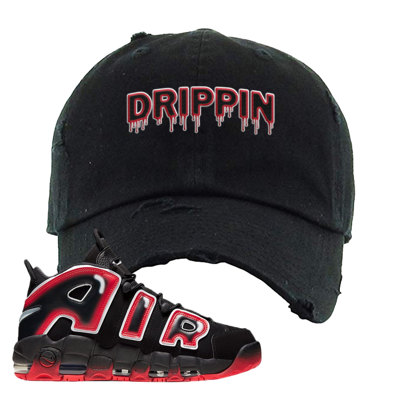 Air More Uptempo Laser Crimson Drippin Black Sneaker Hook Up Distressed Dad Hat