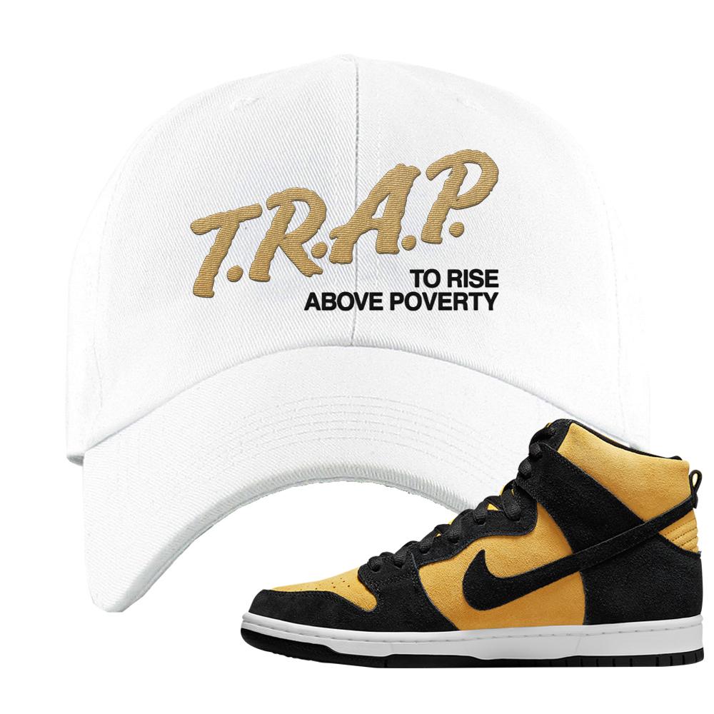 Reverse Goldenrod High Dunks Dad Hat | Trap To Rise Above Poverty, White