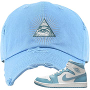 University Blue Mid 1s Distressed Dad Hat | All Seeing Eye, Light Blue