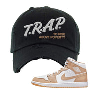 Air Jordan 1 Mid Tan Leather Distressed Dad Hat | Trap To Rise Above Poverty, Black