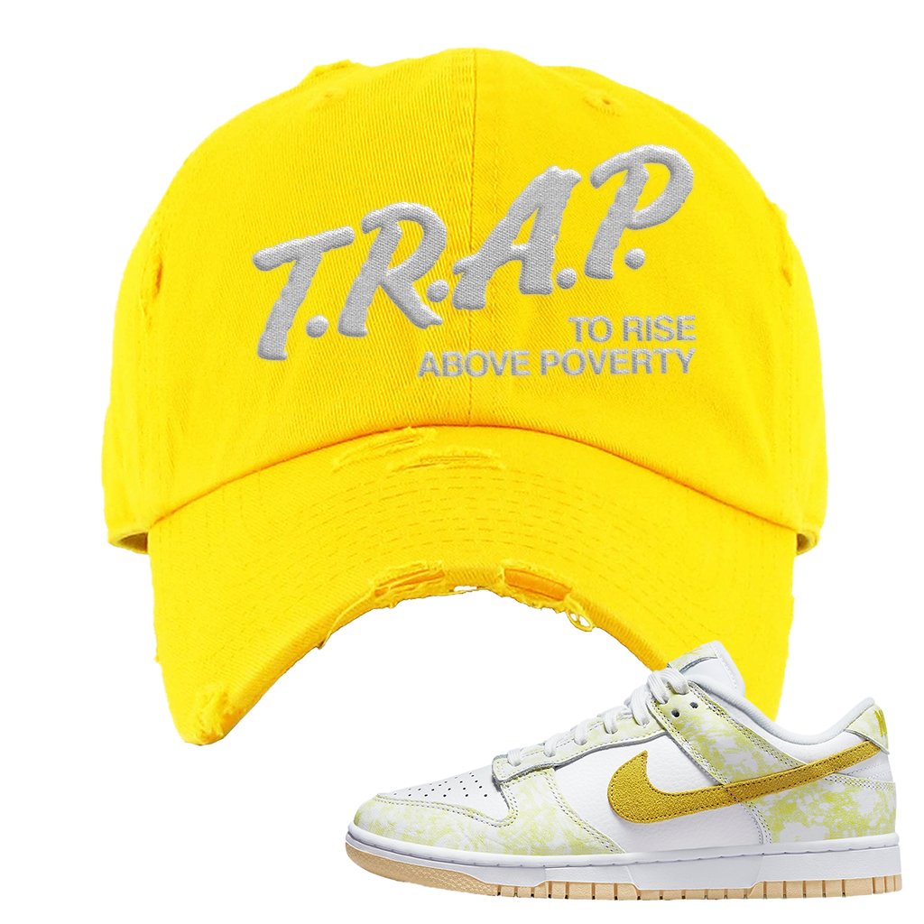 Yellow Strike Low Dunks Distressed Dad Hat | Trap To Rise Above Poverty, Yellow