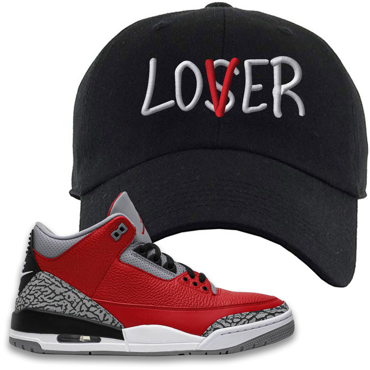 Chicago Exclusive Jordan 3 Red Cement Sneaker Black Dad Hat | Hat to match Jordan 3 All Star Red Cement Shoes | Lover