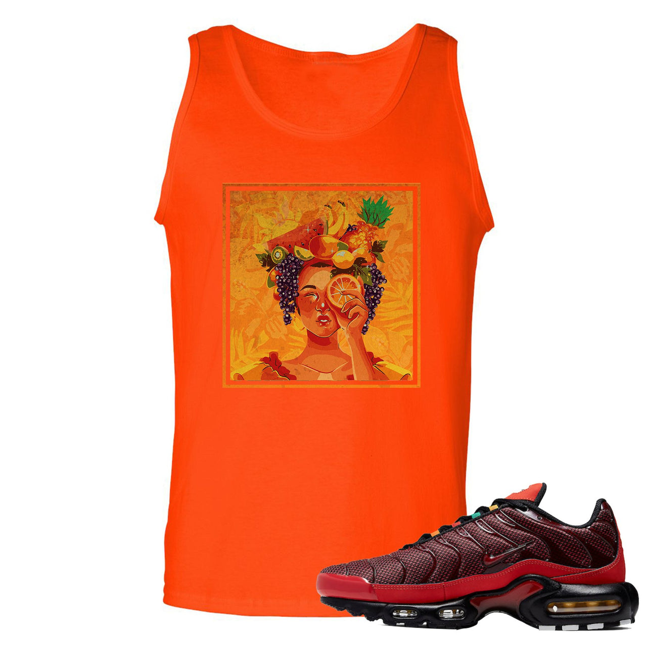 printed on the front of the air max plus sunburst sneaker matching orange tank top is the lady fruit logo