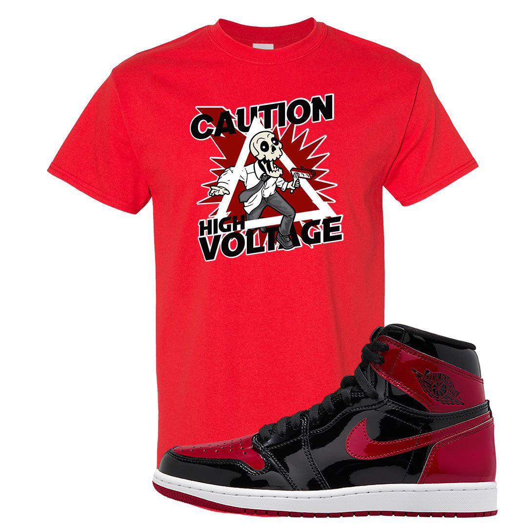 Patent Bred 1s T Shirt | Caution High Voltage, Red