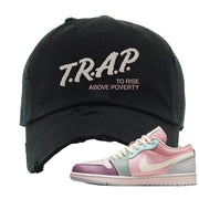 Air Jordan 1 Low Pastel Distressed Dad Hat | Trap To Rise Above Poverty, Black