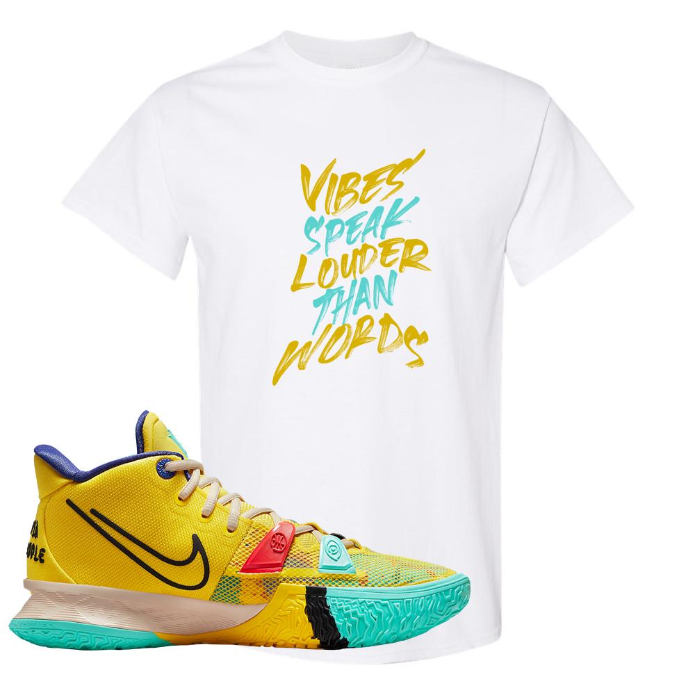 1 World 1 People Yellow 7s T Shirt | Vibes Speak Louder Than Words, White