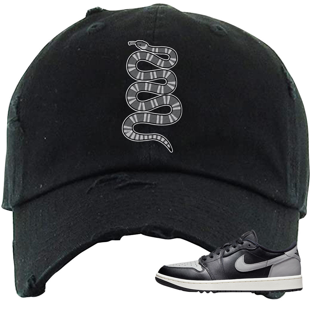 Shadow Golf Low 1s Distressed Dad Hat | Coiled Snake, Black