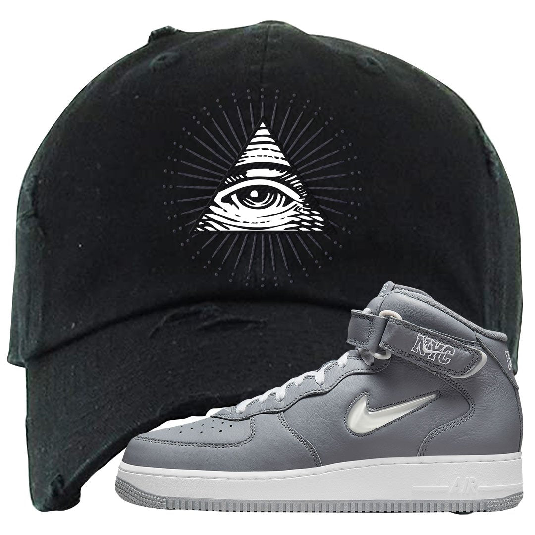 Cool Grey NYC Mid AF1s Distressed Dad Hat | All Seeing Eye, Black