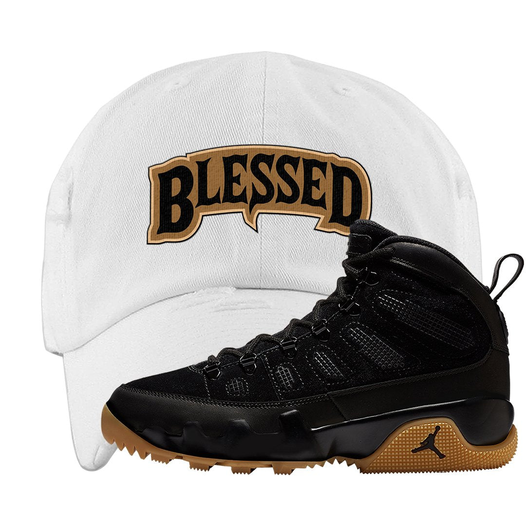 NRG Black Gum Boot 9s Distressed Dad Hat | Blessed Arch, White