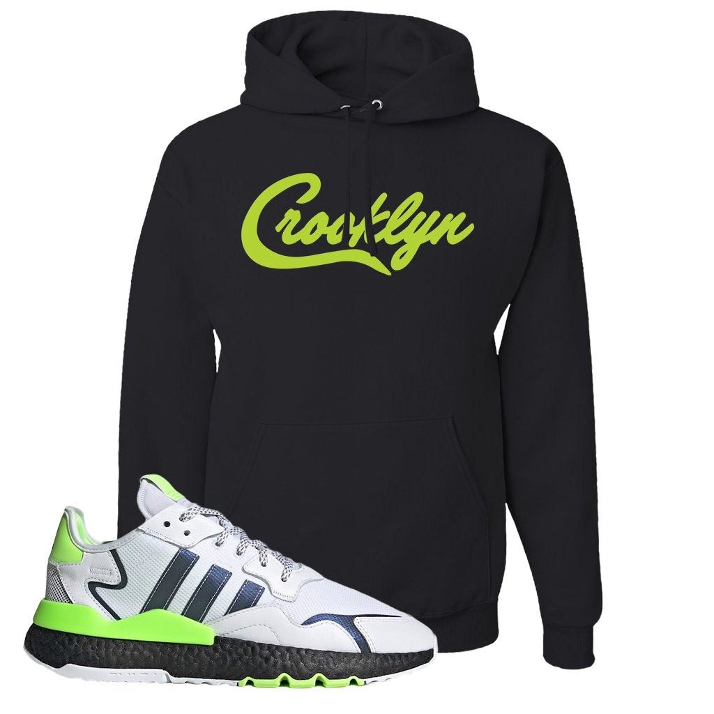 Nite Jogger Signal Green Sneaker Black Pullover Hoodie | Hoodie to match Adidas Nite Jogger Signal Green Shoes | Crooklyn