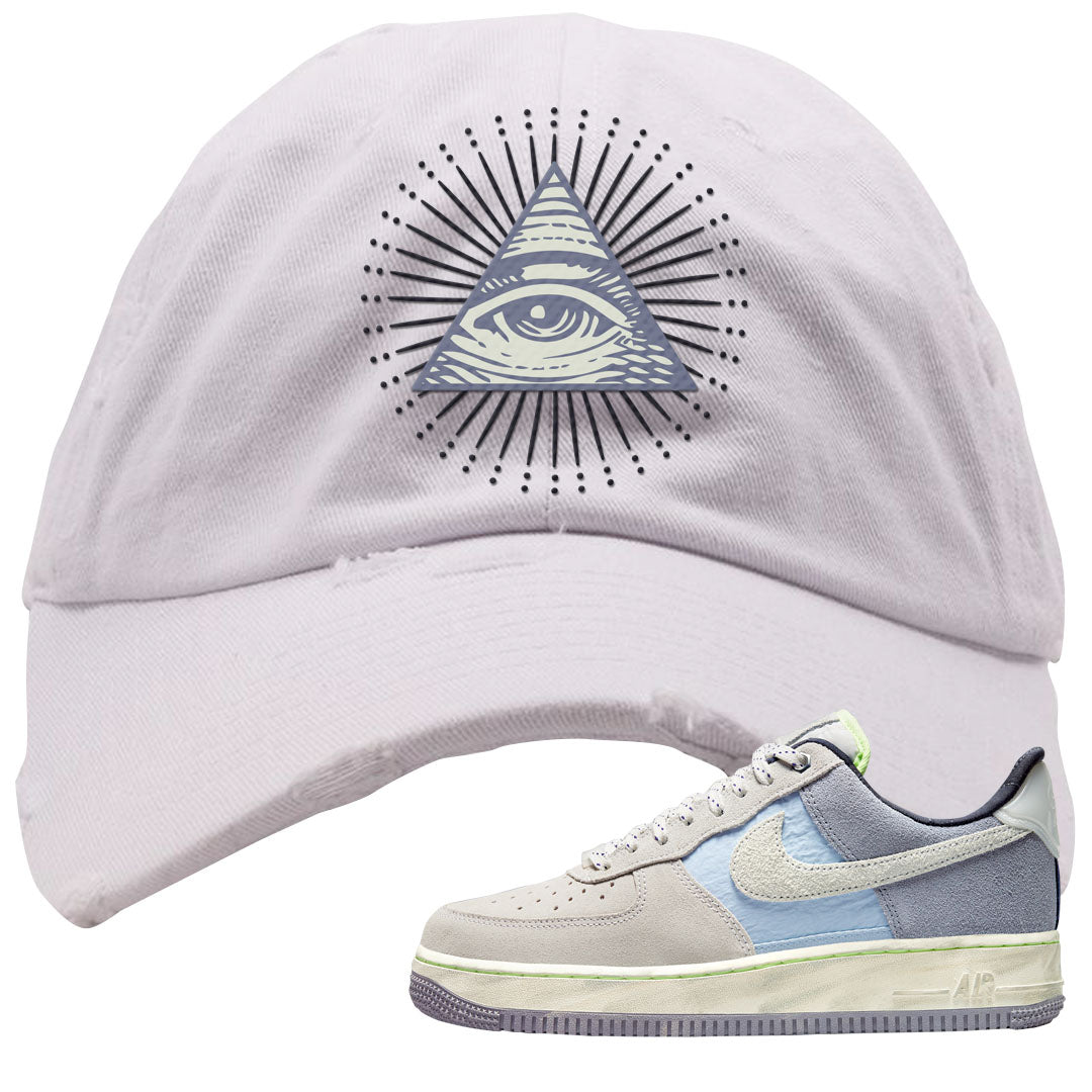Womens Mountain White Blue AF 1s Distressed Dad Hat | All Seeing Eye, White