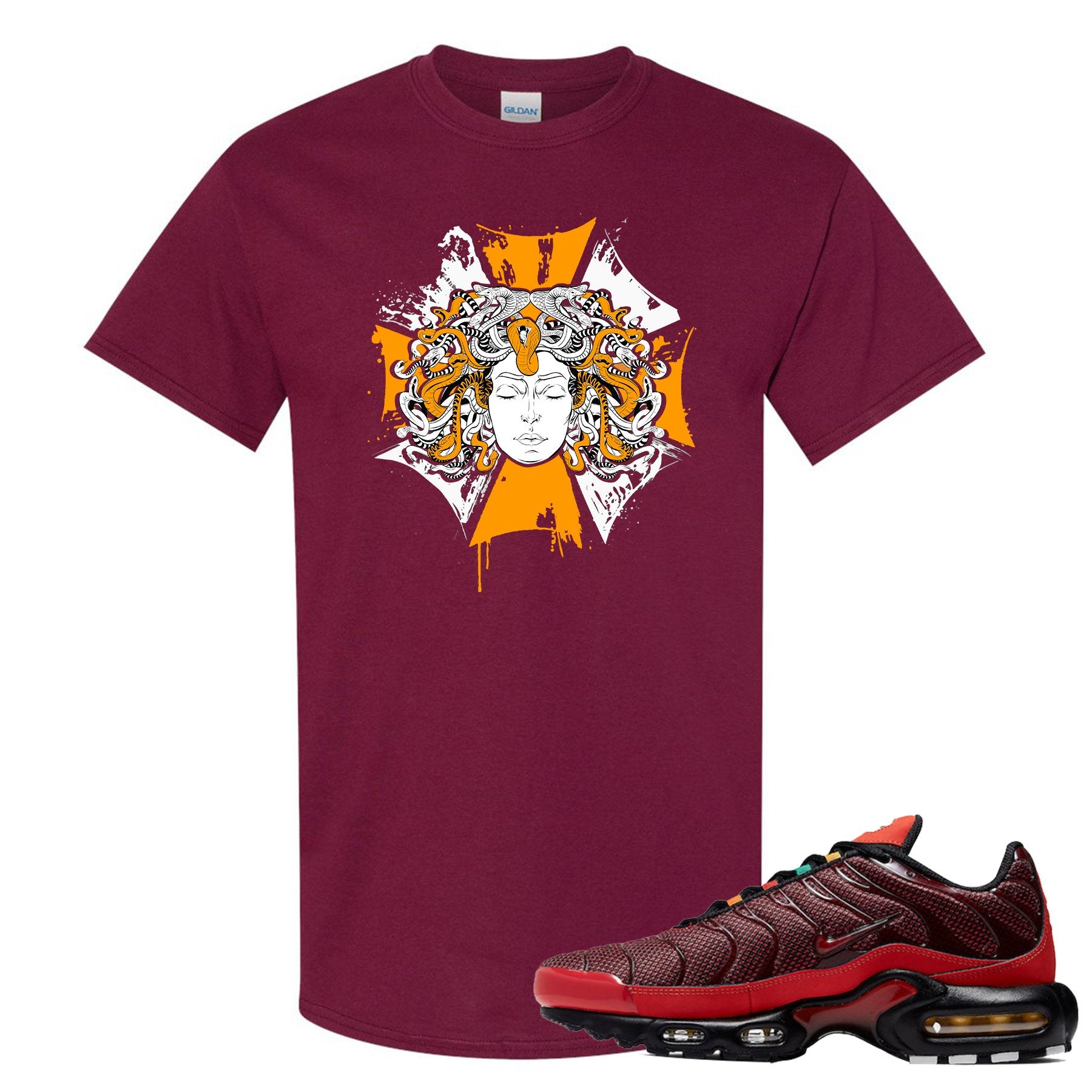 printed on the front of the air max plus sunburst sneaker matching maroon tee shirt is the medusa sunburst logo