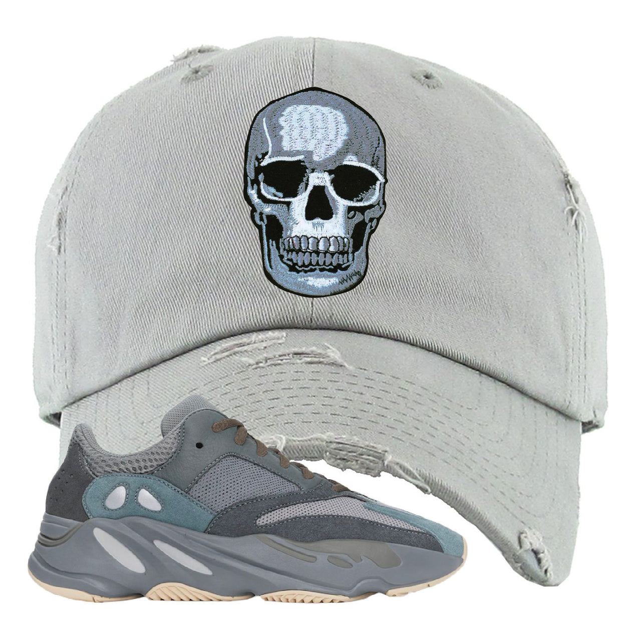 Yeezy Boost 700 Teal Blue Skull Light Gray Sneaker Hook Up Distressed Dad Hat
