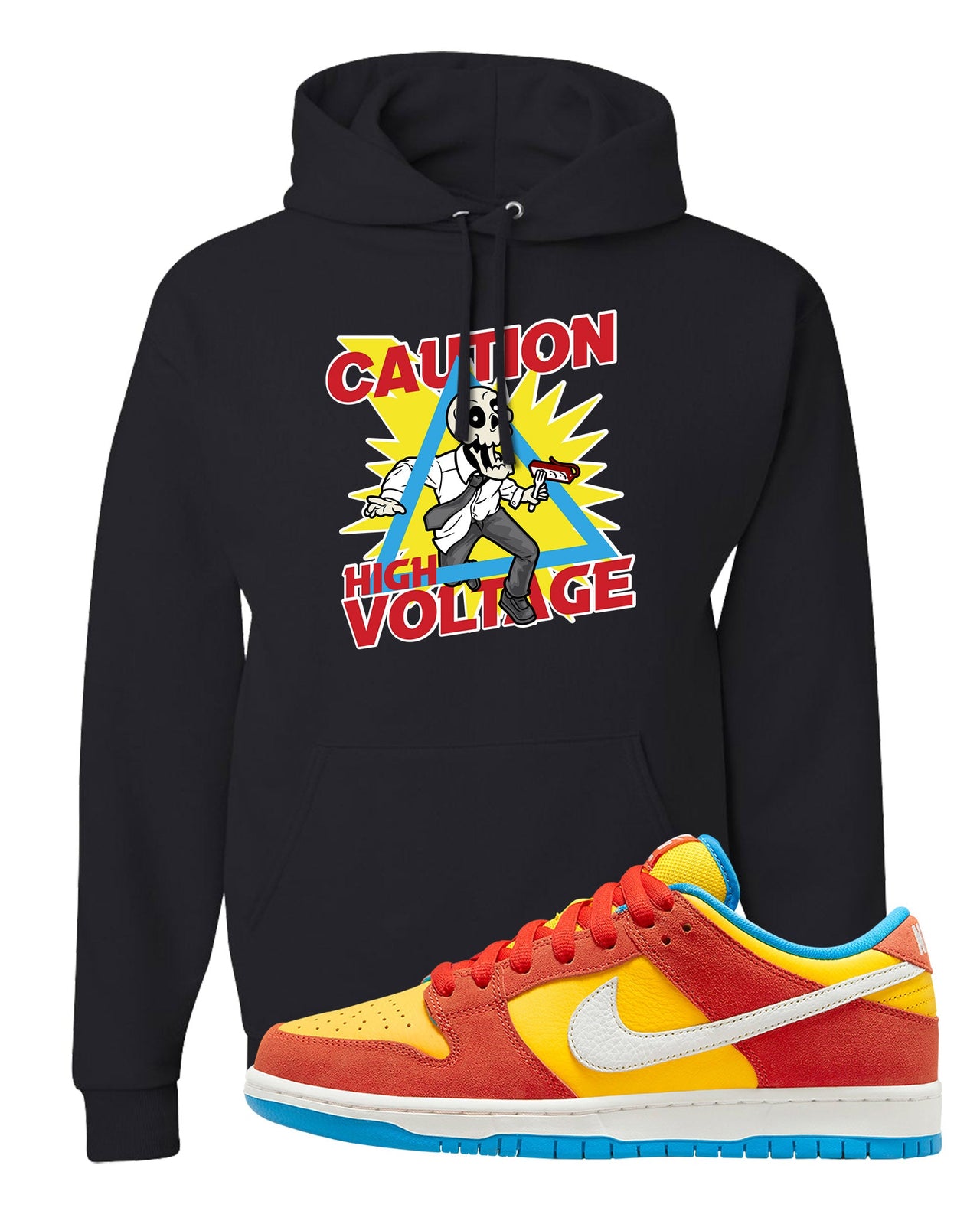 Habanero Red Gold Blue Low Dunks Hoodie | Caution High Voltage, Black