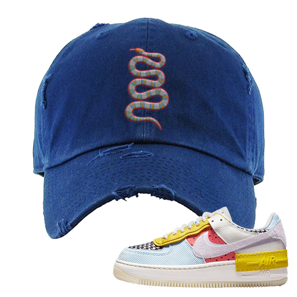 Air Force 1 Shadow Multi-Color Distressed Dad Hat | Coiled Snake, Navy Blue