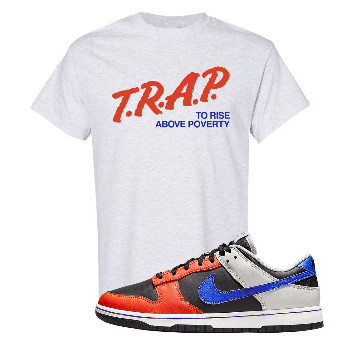 75th Anniversary Low Dunks T Shirt | Trap To Rise Above Poverty, Ash