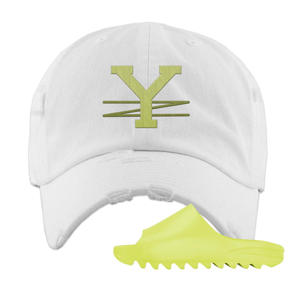 Glow Green Slides Distressed Dad Hat | YZ, White